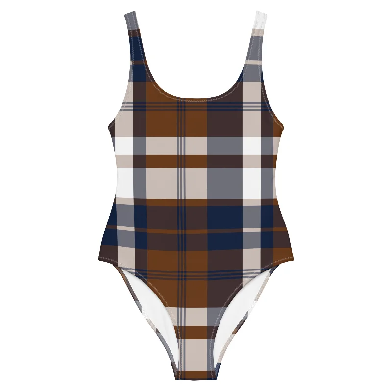 Navy Blue and Brown Preppy Plaid One Piece Women's Swimsuit Adjustable Swim Top