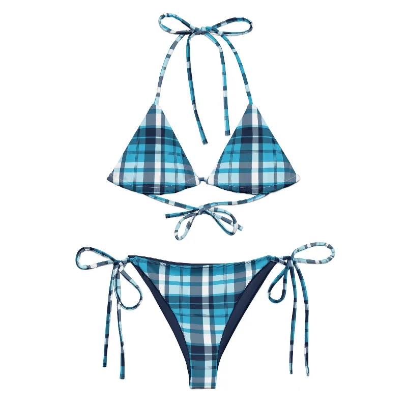 Ocean Blues Preppy Surfer Girl Plaid String Bikini Swimsuit Tropical Print One-Piece