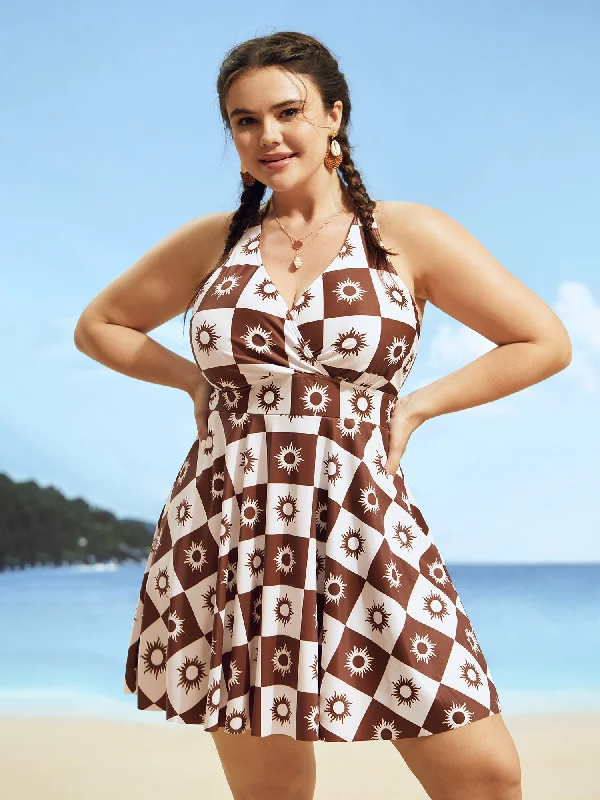 Overlap Collar Sun Print Pocket Swim Dress Floral Bikini Top