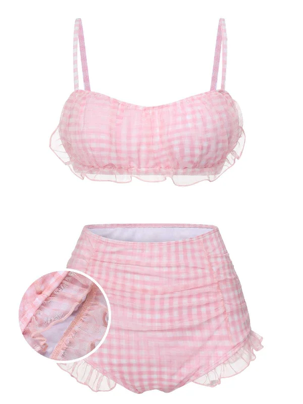 Pink 1940s Spaghetti Strap Mesh Plaids Swimsuit Elegant Swim Dress
