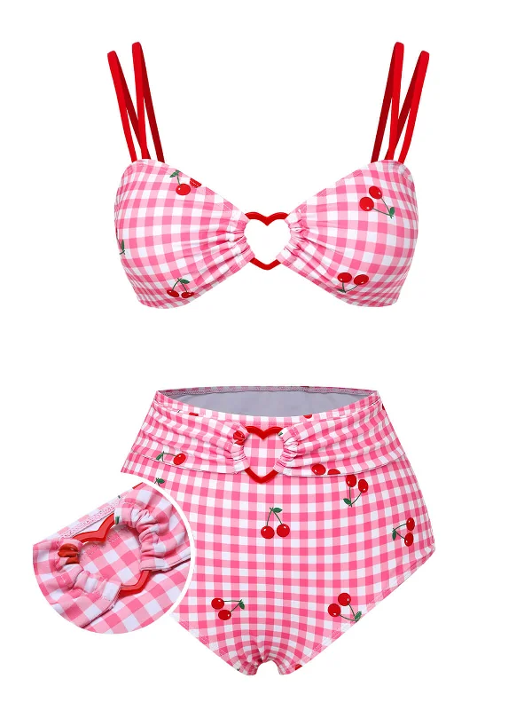 Pink 1950s Plaid & Cherry Strap Swimsuit Sleek Racerback Swimsuit