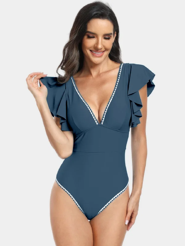 Plunge Cap Sleeve One-Piece Swimwear Lace Back Bikini
