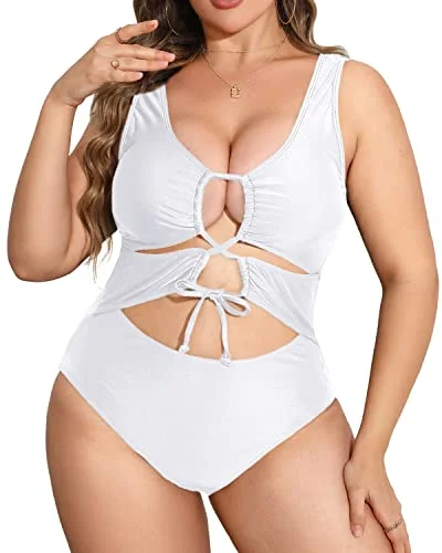 Women High Waisted Plus Size Cutout One Piece Swimwear For Women-White Adjustable Strap Swimsuit