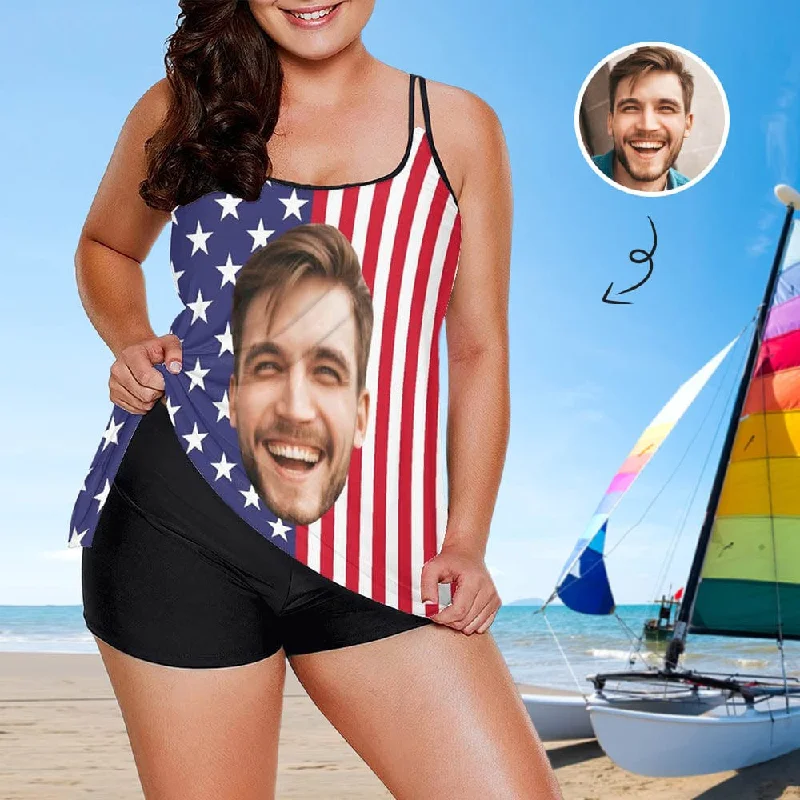 Flag Tankini#Plus-Size USA Tankini Swimdress Custom Face Boyfriend Stars Stipes Flag Swimsuit For Women Personalized Bathing Suit 2 Piece Swimsuit Casual Swim Dress