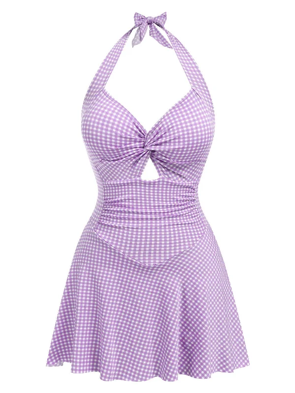 Purple 1930s Plaid Halter One-Piece Swimsuit Adjustable Strap Swimsuit