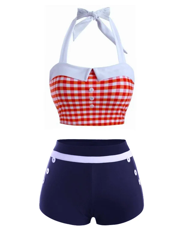 Red Plaid Halter Turndown Collar Swimsuit Stylish Swimsuit Set