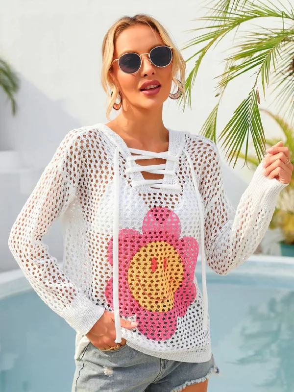Sunset and Swim Flower Graphic Lace-Up Openwork Hooded Cover Up Strap Bikini Set