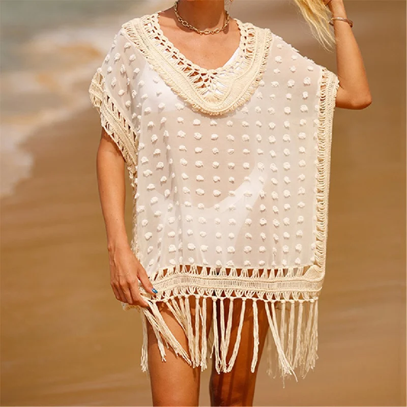Sunset and Swim Fringe Tassel Crochet Beach Cover Up Lace Back Bikini