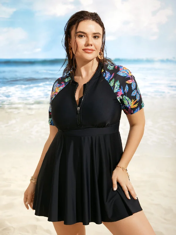 Tropical Print Half Zip Raglan Sleeve Swim Dress Classic One-Piece