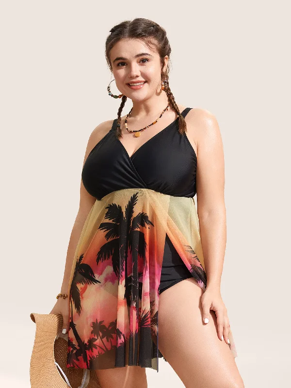 Tropical Print Slit Hem See Through Swim Dress Sexy Swimwear Set