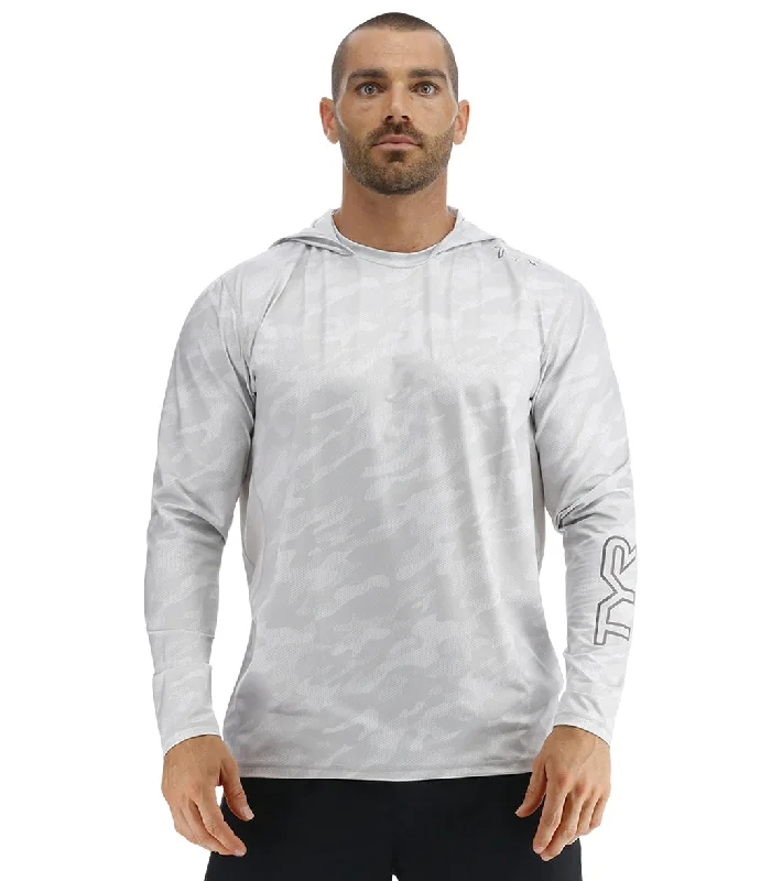 TYR Men's Camohex SunDefense Long Sleeve Hooded UPF 50+ Swim Shirt Windchime V-Neck Swim Dress