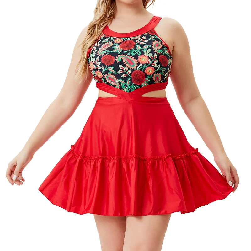 Vintage Red One Piece Summer Plus Sizes Swimwear Stylish Swimsuit Set