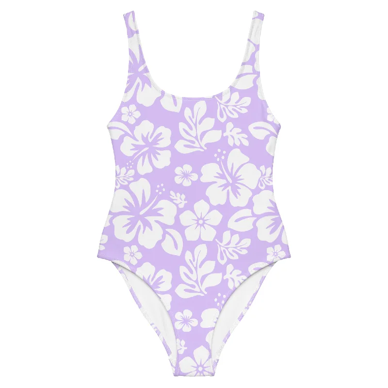 White and Lavender Hawaiian Flowers One Piece Swimsuit Elegant Swim Dress