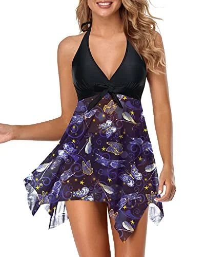 V Neck Mesh Swim Dress With High Waisted Bikini Bottoms-Black And Blue Butterfly Plus-Size Bikini Set