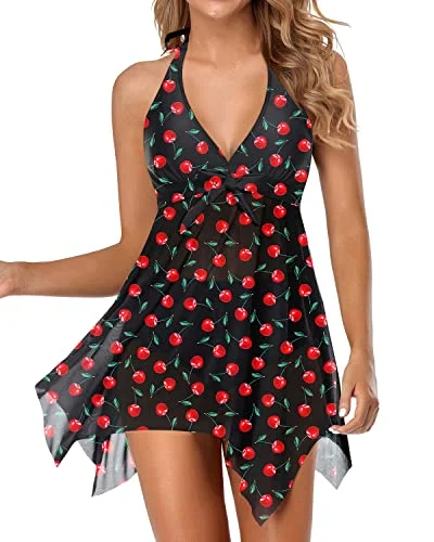 Backless V Neck Swimdress Swimsuits With Tummy Control Boy Shorts-Black Cherry Floral Bikini Top