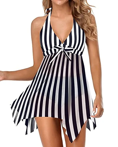Flowy Halter Bathing Suit Dress Swim Dress Swimsuit For Women-Black Stripe Stylish Swimsuit Set