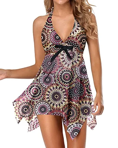 Mesh Asymmetrical Handkerchief Design Swimdress For Women-Brown Print Cross-Back Bikini