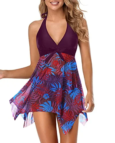 Asymmetrical Two Piece Swimsuit With High Waist Bikini Bottoms-Purple Leaf Adjustable Swim Top
