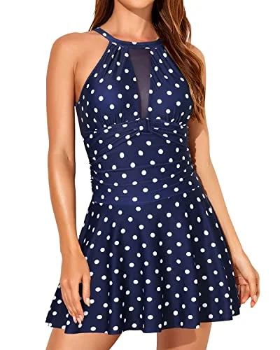 One Piece Swimdress Tummy Control High Neck Halter Skirt Bathing Suits-Blue Dot Strapless Swimsuit Top