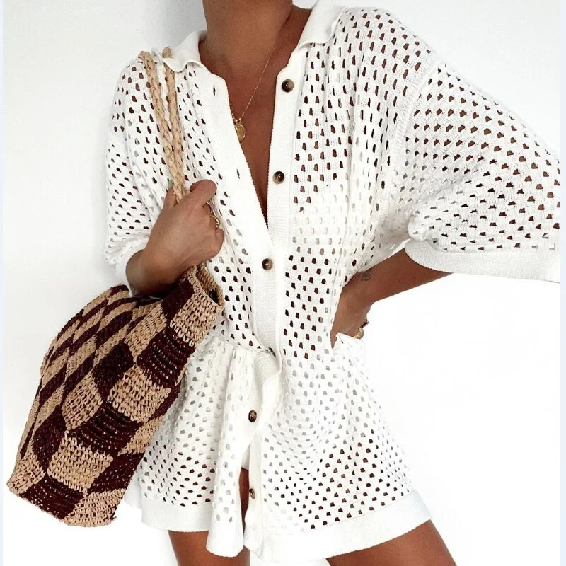 Women's Knitted Hollow Out Bikini Cover Up Summer Long Sleeve Button Up Tops Vacation Beach Dress Fashion Swimwear Vintage Swimwear Look