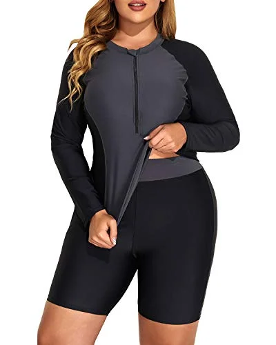 Plus Size Colorblock Rash Guard Tankini Boy Shorts Bottom-Grey And Black Chic Swimsuit Cover-Up