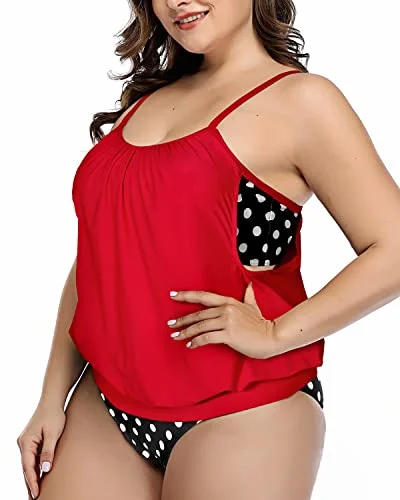 Double Layer Tummy Control Tankini Unique Style Plus Size Tankini-Black Dot Swim Skirt Set