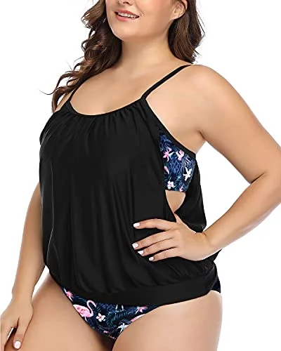 Adjustable Strap Athletic Tankini Plus Size Sporty 2 Piece Tankini-Black Flamingo Beach Ready Swimsuit