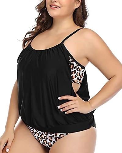 Women's Double Up Tummy Control Plus Size Tankini Swimsuits-Black Leopard Plunge Neckline Swimsuit Women's Double Up Tummy Control Plus Size Tankini Swimsuits-Black Leopard Plunge Neckline Swimsuit