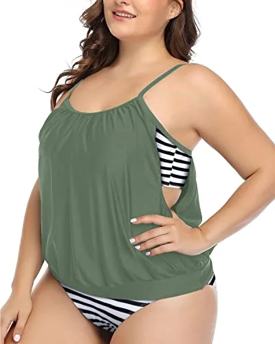 Deep Cut Side Tankini Padded Bra Plus Size Sporty 2 Piece Tankini-Green Push-Up Bikini Top