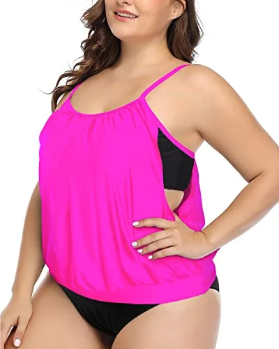 Double Layer Tummy Control Tankini Plus Size Sporty 2 Piece Tankini-Neon Pink Elegant Ruffled Bikini