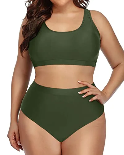 Modest Sporty Bikini Swimsuit Unique Shoulder Straps For Plus Size-Army Green Lace Back Bikini