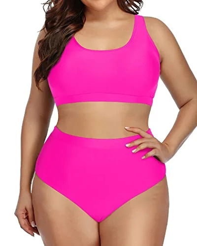 Modest And Supportive Plus Size Athletic Bikini Swimsuit-Neon Pink Sexy Cutout Swimsuit