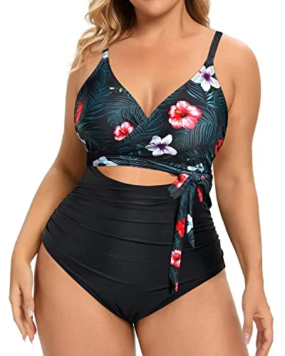 Sexy Wrap Criss Cross Belted Plus Size One Piece Swimsuits-Black Floral Elegant Swimsuit Bottoms