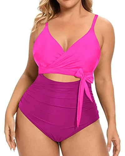 Plunge Neckline High Waisted Tummy Control Swimwear-Phosphor And Dark Pink Floral Print Swimsuit