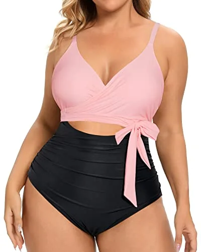 Flattering Cutout Open Back Plus Size One Piece Swimsuits-Pink And Black Halter Top Bikini