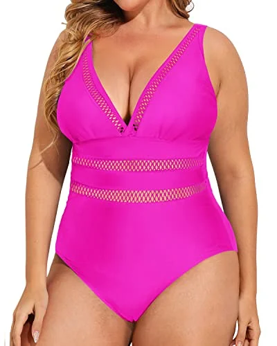 Sexy Mesh V-Neck One Piece Push Up Swimwear-Neon Pink Shiny One-Piece Swimsuit