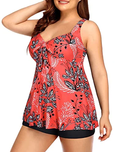 Two Piece Tankini Swimsuit For Big Busted Women-Red Floral Classic Sporty Swimsuit