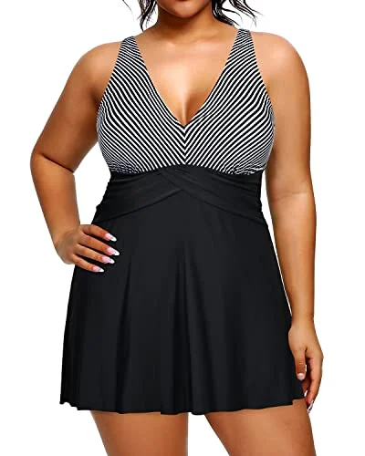 Slimming Women Tummy Control Bathing Suit Swimdress With Shorts-Black And White Stripe Minimalist One-Piece