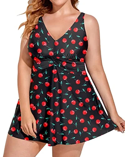 Women's Adjustable Shoulder Straps Plus Size One Piece Swimdress-Black Cherry Sporty Swim Shorts