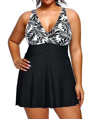 V Neck Women Tummy Control Bathing Suit Swimdress With Shorts-Blue Floral Stylish Swimsuit Set