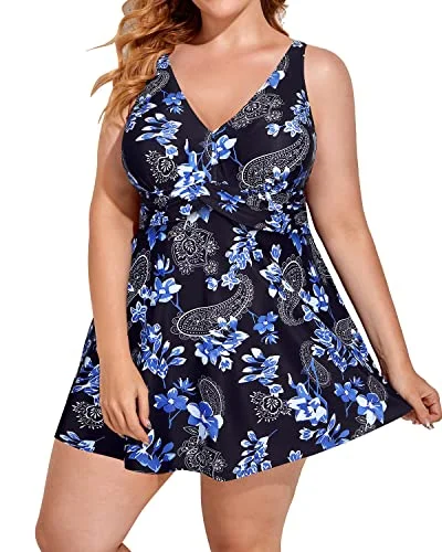 V Neck Women One Piece Plus Size Swim Dress With Shorts-Blue Paisley Elegant Ruffle Swimsuit