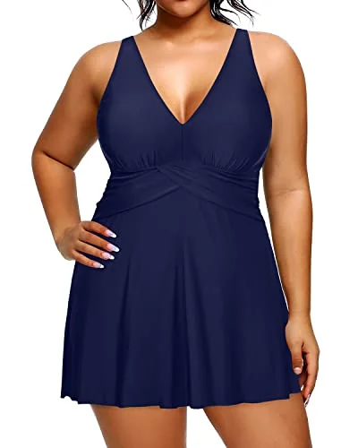 One Piece Swimsuit With A Line Silhouette And High Waist For Women-Navy Blue Modern High-Waisted Swimsuit