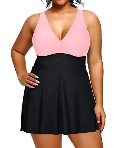 Plus Size Women Tummy Control Bathing Suit Swimdress-Pink And Black Comfortable Swim Dress