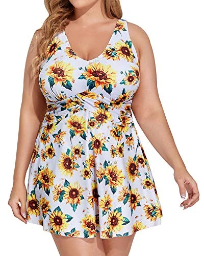 Slimming Women One Piece Plus Size Swim Dress Swimsuits With Skirt-White And Sunflower Adjustable Bikini Bottoms