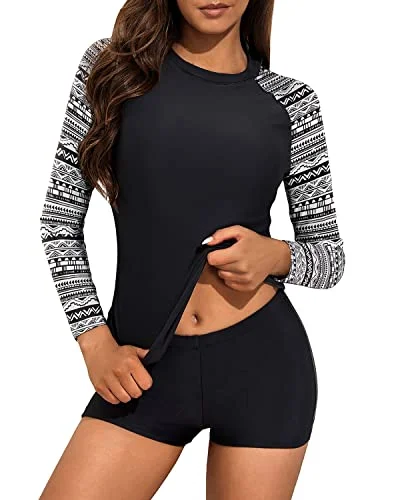 Protective Women's Rash Guard Swim Shirt Boyshort Bottom-Black And White Snake Print Retro Swimwear Style