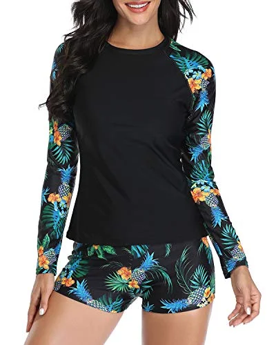 Women's Long Sleeve Two Piece Swimwear Set Uv Protection-Black Pineapple Quick-Dry Swimsuit