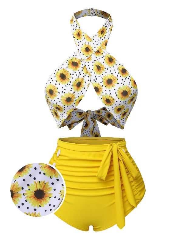 Yellow 1950s Sunflower Cross Halter Swimsuit Minimalist One-Piece