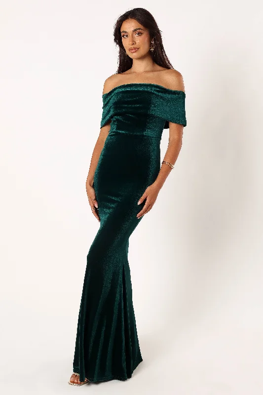 Adair Off Shoulder Maxi Dress - Emerald Green Cozy Maxi Dress with Slit