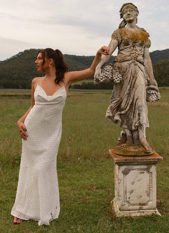 Alianna Cowl Neck Mesh Maxi Dress - White Polka Dot Comfortable Plunging Neckline Maxi Dress
