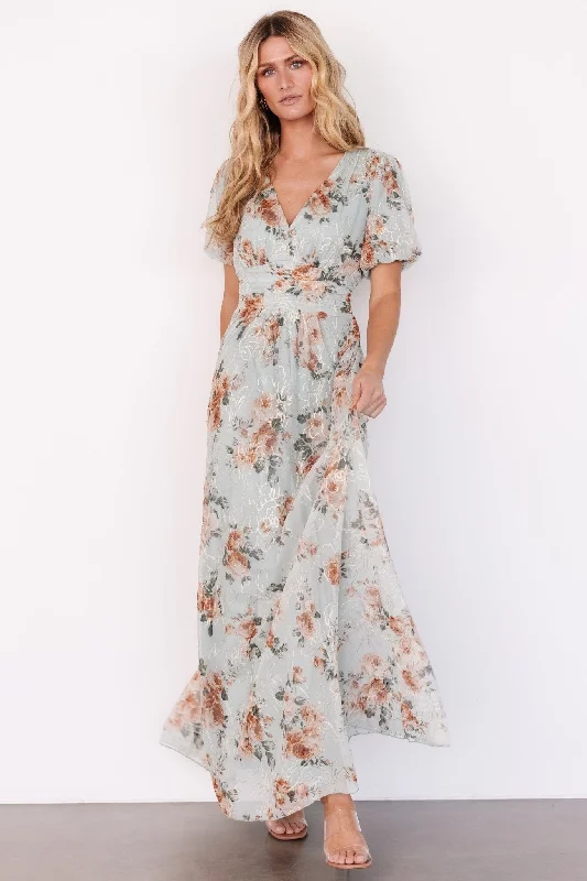 Ardley Maxi Dress | Sage Floral Elegant Maxi Dress with Drapes